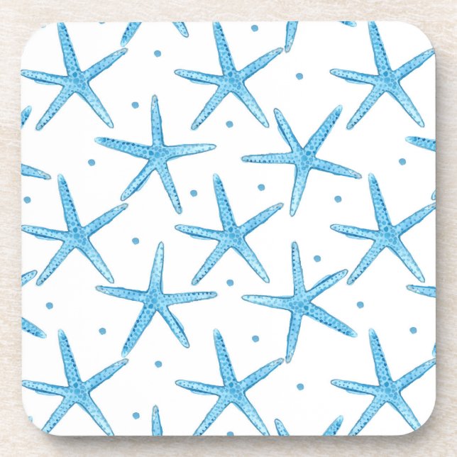 Watercolor Blue Sea Stars Pattern Beverage Coaster (Front)