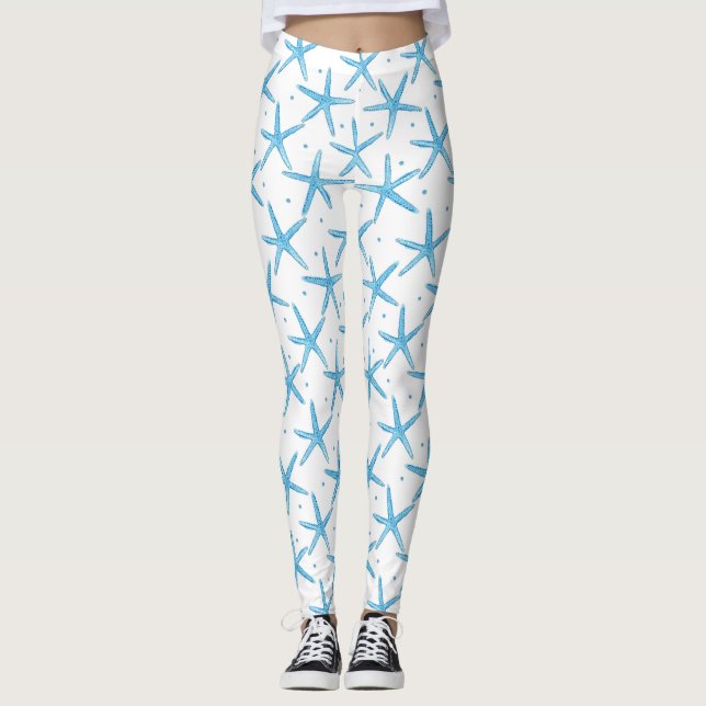 Watercolor Blue Sea Stars Pattern Leggings (Front)