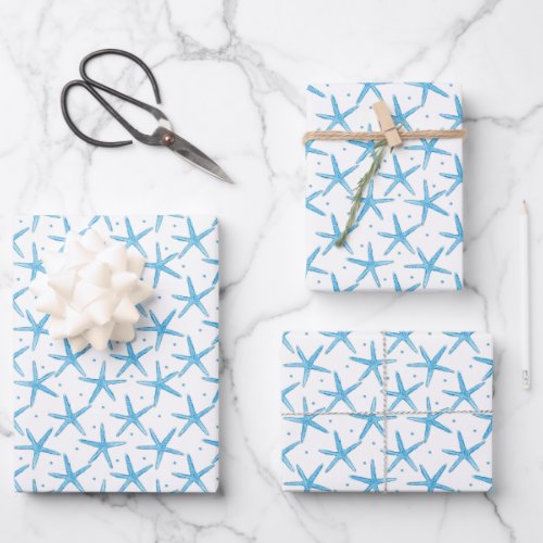 Watercolor Blue Sea Stars Pattern Wrapping Paper Sheets