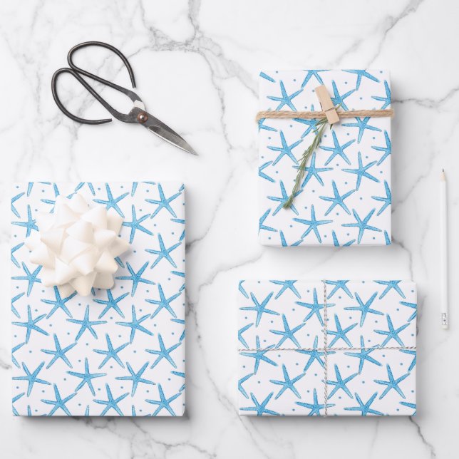 Watercolor Blue Sea Stars Pattern Wrapping Paper Sheets (Front)