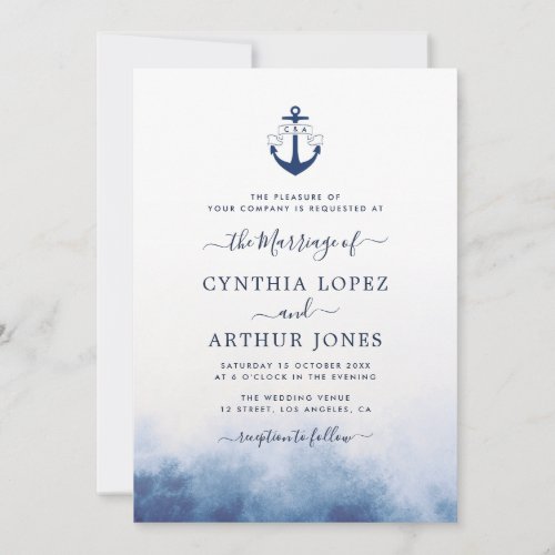 watercolor blue sea theme nautical wedding invitation
