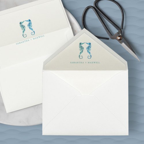 Watercolor Blue Seahorse Beach Wedding  Envelope Liner