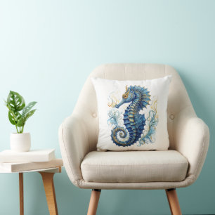 Watercolor blue seahorse design throw pillow