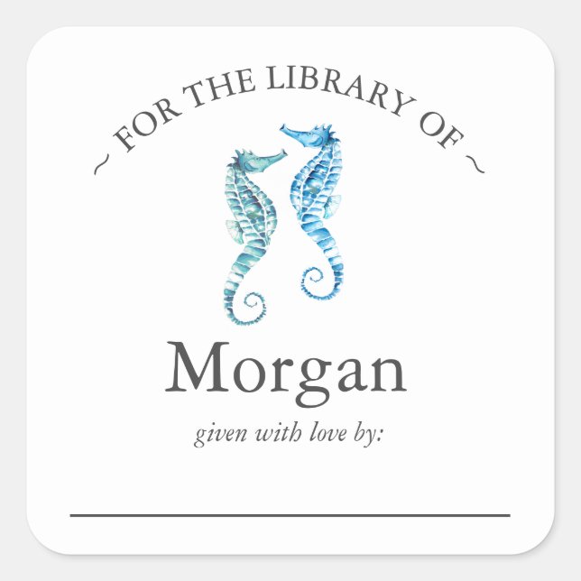 Watercolor Blue Seahorses Bookplate (Front)