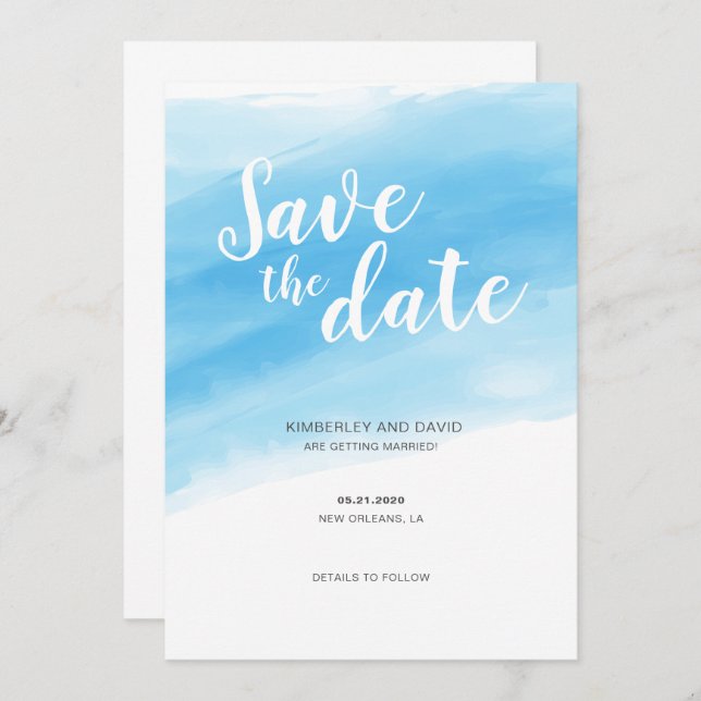 Watercolor Blue Seaside Save the Date Invitation (Front/Back)