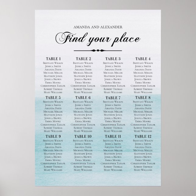 Watercolor blue seating chart. Elegant wedding Poster (Front)