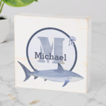 Watercolor Blue Shark Monogram and Name with Rope Wooden Box Sign
