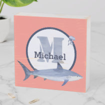 Watercolor Blue Shark Monogram Name + Rope Coral Wooden Box Sign