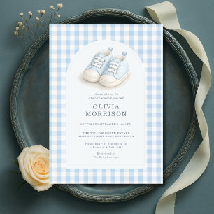Watercolor Blue Shoes Gingham Baby Shower Invitation