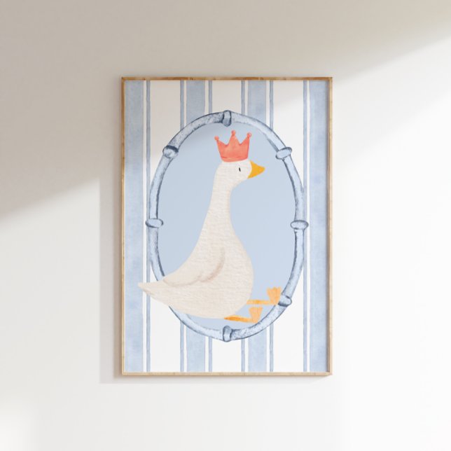 Watercolor Blue Silly Goose Nursery Print (A white goose wearing a red crown on a blue and white striped background in a gold frame.)
