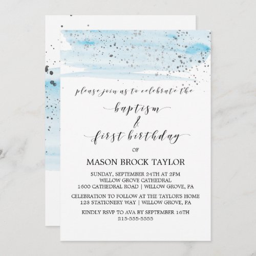 Watercolor Blue  Silver Baptism  1st Birthday Invitation