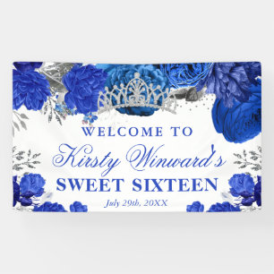 Watercolor Blue Silver Flowers Sweet Sixteen Banner