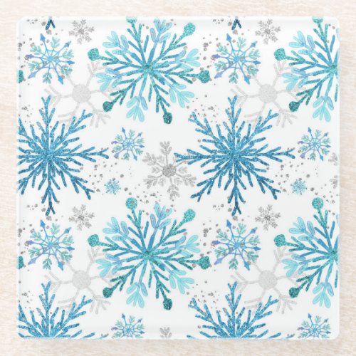 Watercolor Blue  Silver Glitter Winter Snowflake Glass Coaster