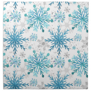 Watercolor Blue & Silver Glitter Winter Snowflakes Cloth Napkin