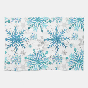 Watercolor Blue & Silver Glitter Winter Snowflakes Kitchen Towel