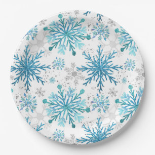 Watercolor Blue & Silver Glitter Winter Snowflakes Paper Plates