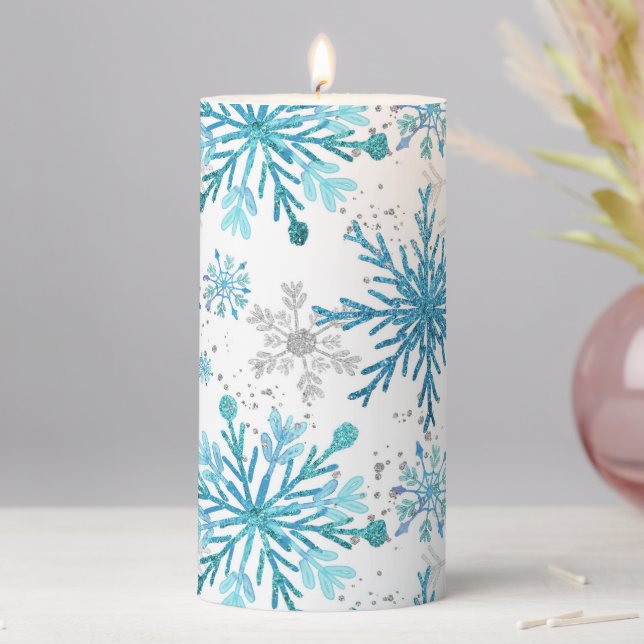 Watercolor Blue & Silver Glitter Winter Snowflakes Pillar Candle (In Situ)