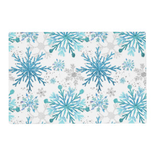 Watercolor Blue & Silver Glitter Winter Snowflakes Placemat