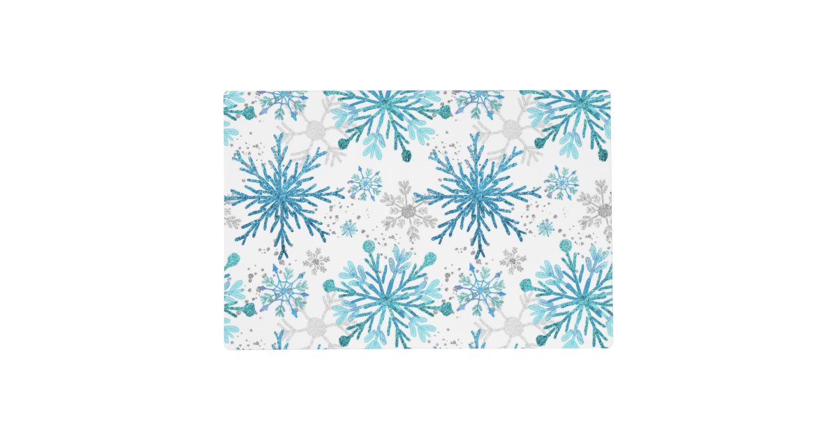 Watercolor Blue & Silver Glitter Winter Snowflakes Placemat Zazzle