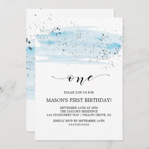 Watercolor Blue  Silver Sparkle First Birthday Invitation
