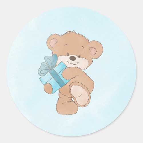 Watercolor Blue Simple Teddy Bear Baby Shower Classic Round Sticker