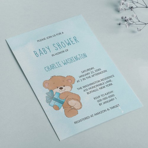 Watercolor Blue Simple Teddy Bear Baby Shower Invitation
