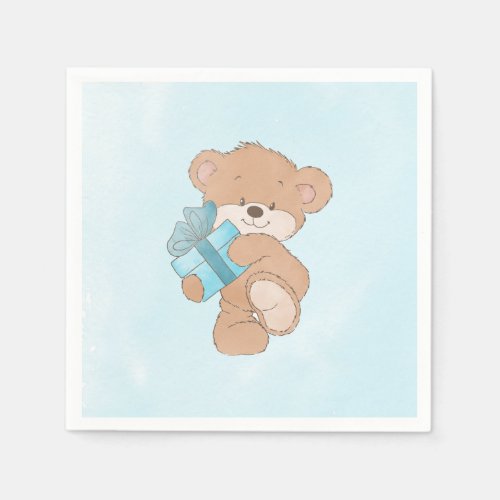 Watercolor Blue Simple Teddy Bear Baby Shower Napkins
