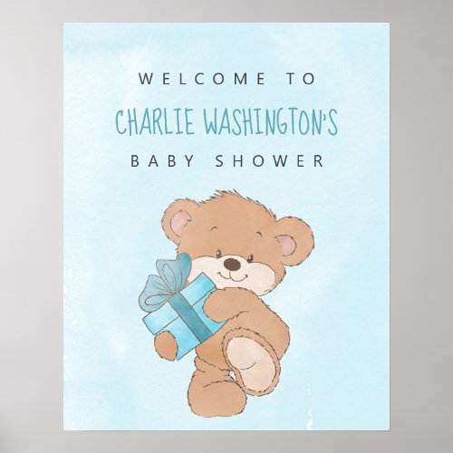 Watercolor Blue Simple Teddy Bear Baby Shower Poster