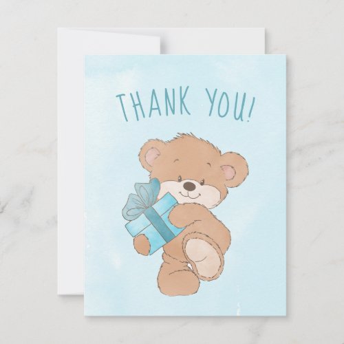 Watercolor Blue Simple Teddy Bear Baby Shower Thank You Card