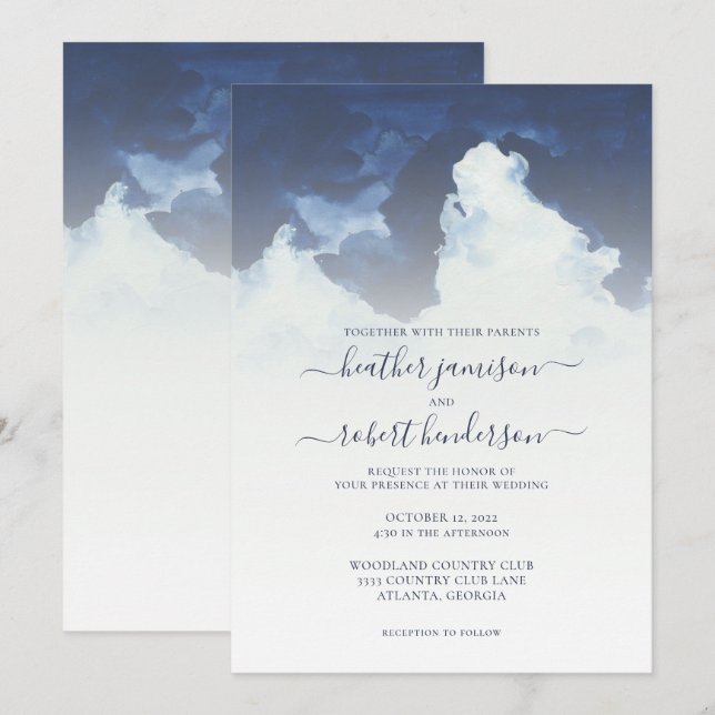 Watercolor Blue Sky and Clouds Wedding Invitation (Front/Back)