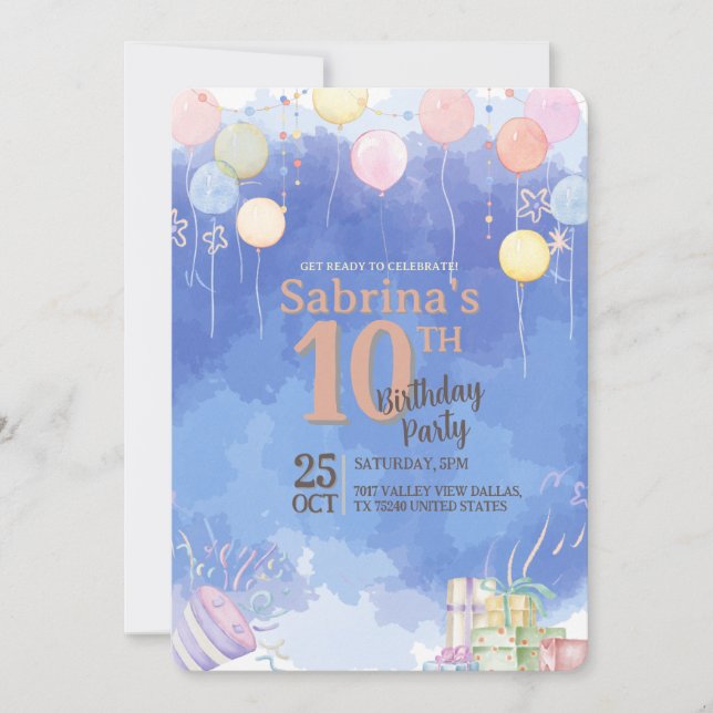 Watercolor Blue Sky Balloon Birthday Invitation (Front)