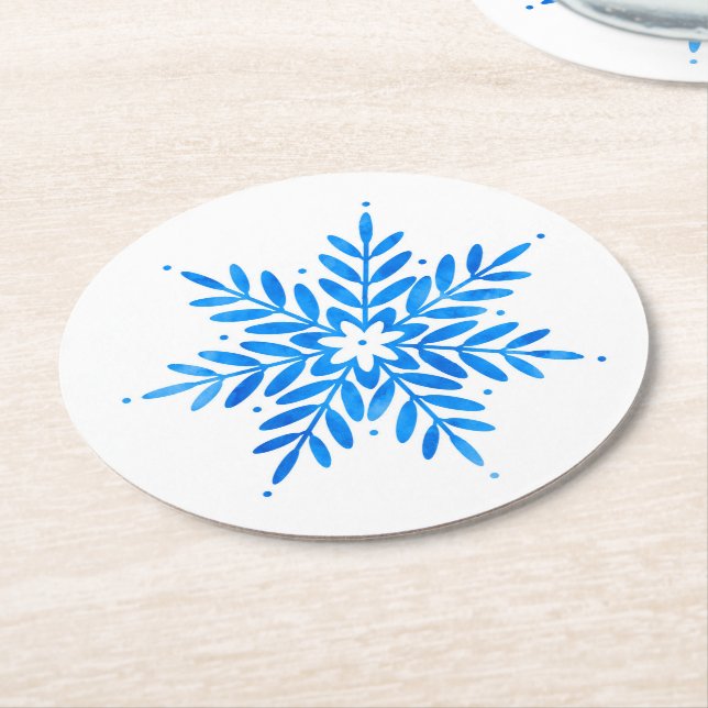  Watercolor Blue Snowflake  Round Paper Coaster (Angled)