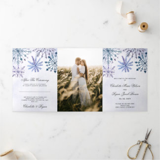Watercolor Blue Snowflake Winter Wedding Tri-Fold Program
