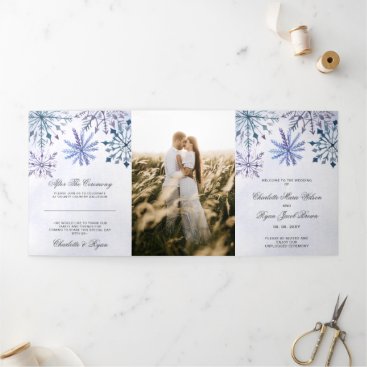 Watercolor Blue Snowflake Winter Wedding     Tri-Fold Program