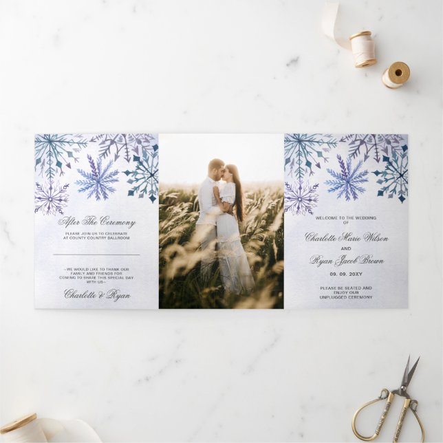 Watercolor Blue Snowflake Winter Wedding     Tri-Fold Program (Outside)