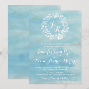 Watercolor Blue Snowflakes Wreath Wedding I Invitation