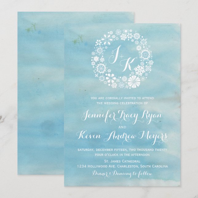 Watercolor Blue Snowflakes Wreath Wedding I Invitation (Front/Back)