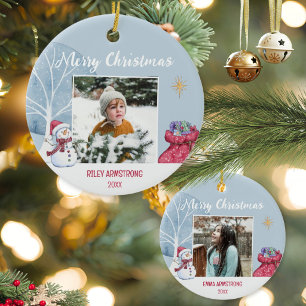 Watercolor Blue Snowman Winter Christmas Photo Ceramic Ornament