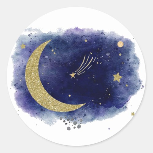 Watercolor Blue Space and Golden Moon Baby Shower Classic Round Sticker
