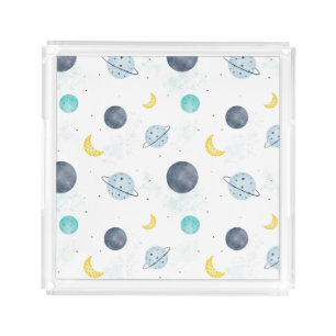 Watercolor Blue Space Planet Pattern Acrylic Tray