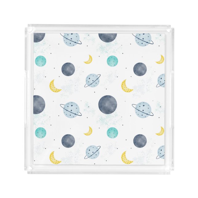 Watercolor Blue Space Planet Pattern Acrylic Tray (Front)