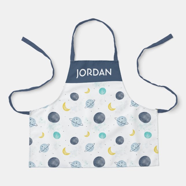 Watercolor Blue Space Planet Pattern Apron (Front)