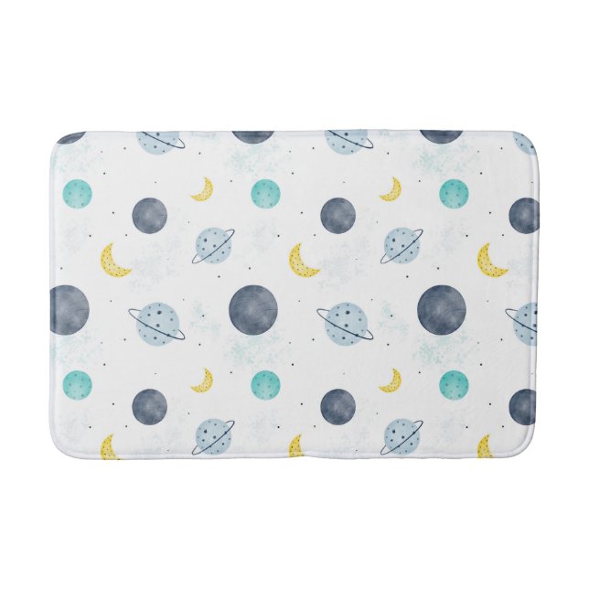 Watercolor Blue Space Planet Pattern Bath Mat (Front)