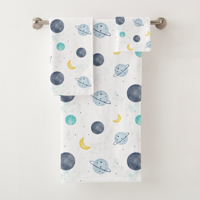 Watercolor Blue Space Planet Pattern Bath Towel Set (Insitu)