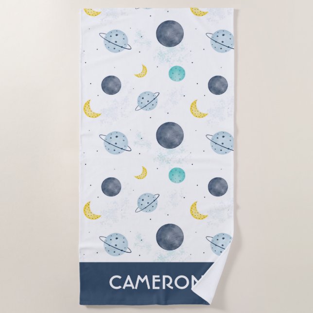Watercolor Blue Space Planet Pattern Beach Towel (Front)