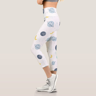 Watercolor Blue Space Planet Pattern Capri Leggings