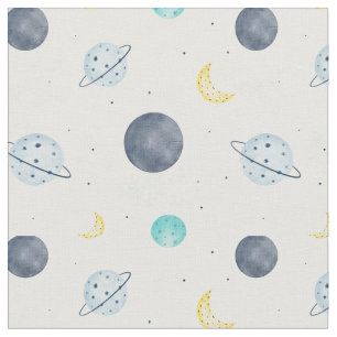 Watercolor Blue Space Planet Pattern Fabric