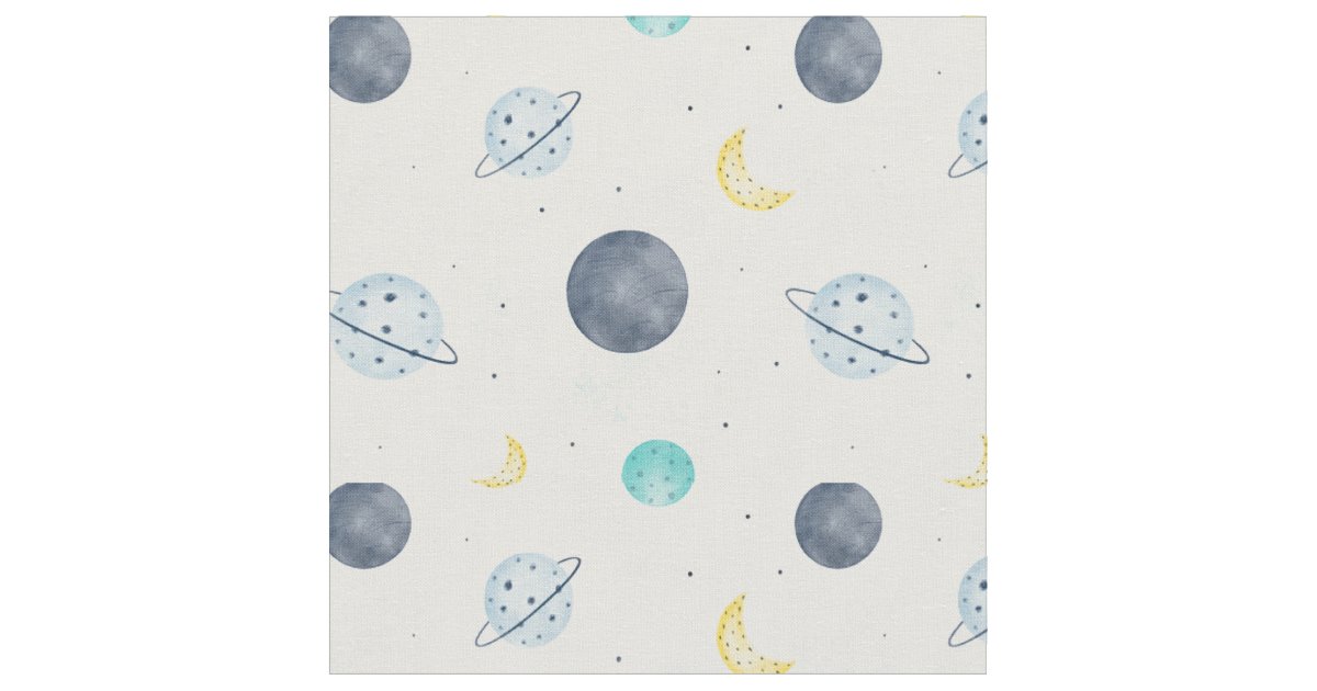 Watercolor Blue Space Planet Pattern Fabric | Zazzle