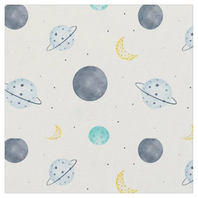 Watercolor Blue Space Planet Pattern Fabric | Zazzle