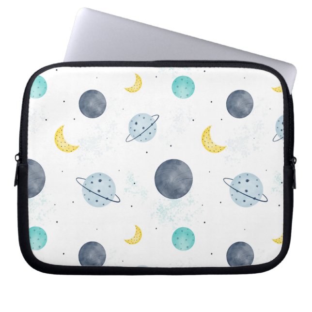 Watercolor Blue Space Planet Pattern Laptop Sleeve (Front)